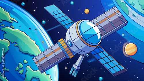 Vibrant Cartoon Illustration of Satellite Orbiting Earth in Space