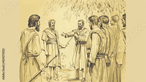 Biblical Illustration of 2 Samuel 18: Battle in Forest of Ephraim, Defeat of Absalom's Forces, Absalom's Death by Joab Despite David's Orders on Beige Background with Copyspace photo