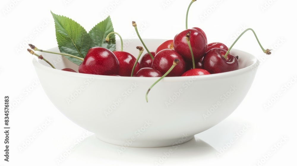 Fresh cherry berries in a bowl on a white background. The concept of a healthy diet and support for local producers. Close-up. Fresh cherry berries in a bowl on a white background. The concept of a healthy diet and support for local producers. Close-up.