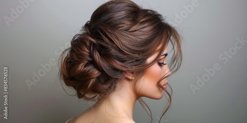 Elegant rich brown hair in an updo, the strands reflecting a soft, natural luster under soft lighting