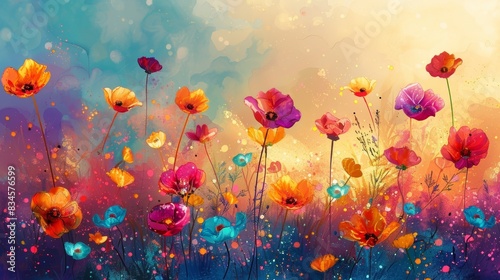 Colorful abstract flower field with whimsical doodles and playful splashes of color © Seksan