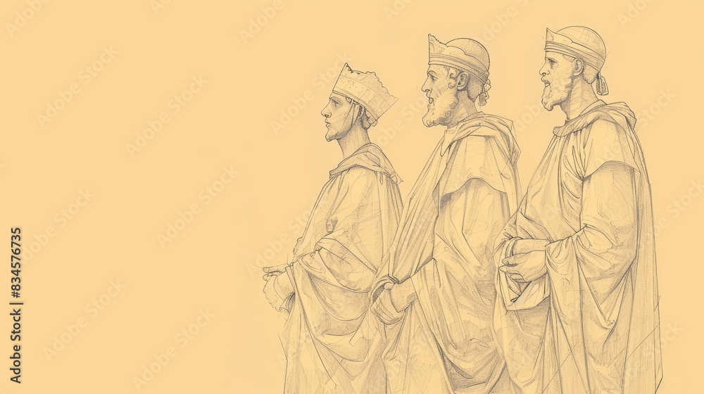 Obraz premium Biblical Illustration of 2 Kings 24: Reigns of Jehoiakim, Jehoiachin, and Zedekiah, Babylonian Invasions, Exile of Judah's Leaders and People on Beige Background with Copyspace