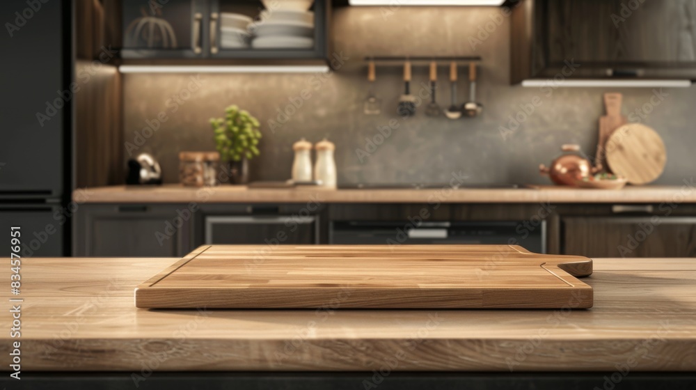 Fototapeta premium Empty wooden board on a table with a blurred background of a modern kitchen interior. Space for product display or design your mockup template