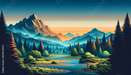 Serene Mountain Landscape with River at Sunset.