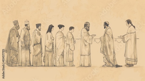 Biblical Illustration of 2 Chronicles 31: Hezekiah's reforms, organization of priests and Levites, contributions for worship, Hezekiah's faithfulness to God, Beige Background, copyspace