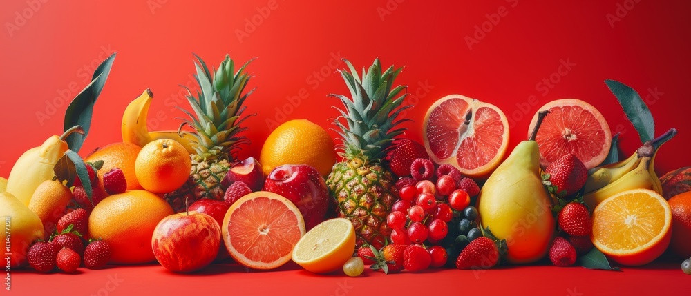 Assorted tropical fruits with a focus on bright, juicy colors on a red background Assorted tropical fruits with a focus on bright, juicy colors on a red background