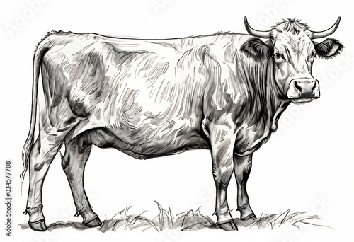 Drawn cow, pencil drawing, agriculture and farming