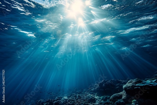 Blue ocean background with sunlight and undersea scene  beautiful blue ocean background with sunlight and undersea  AI-generated