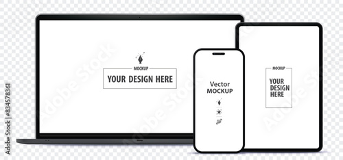 Laptop Computer, Tablet PC and Mobile Phone Mockup. Digital devices screen vector illustration  template with transparent background.