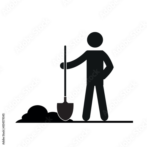 stick man with a shovel, man with a shovel dug up the ground, spring work in the garden, flat vector illustration