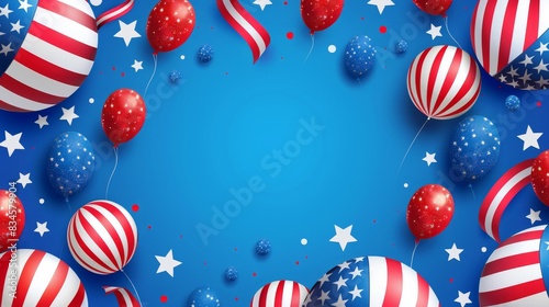 Colorful 4th of July background with patriotic balloons and stars on a blue backdrop, perfect for celebrations and festive designs.