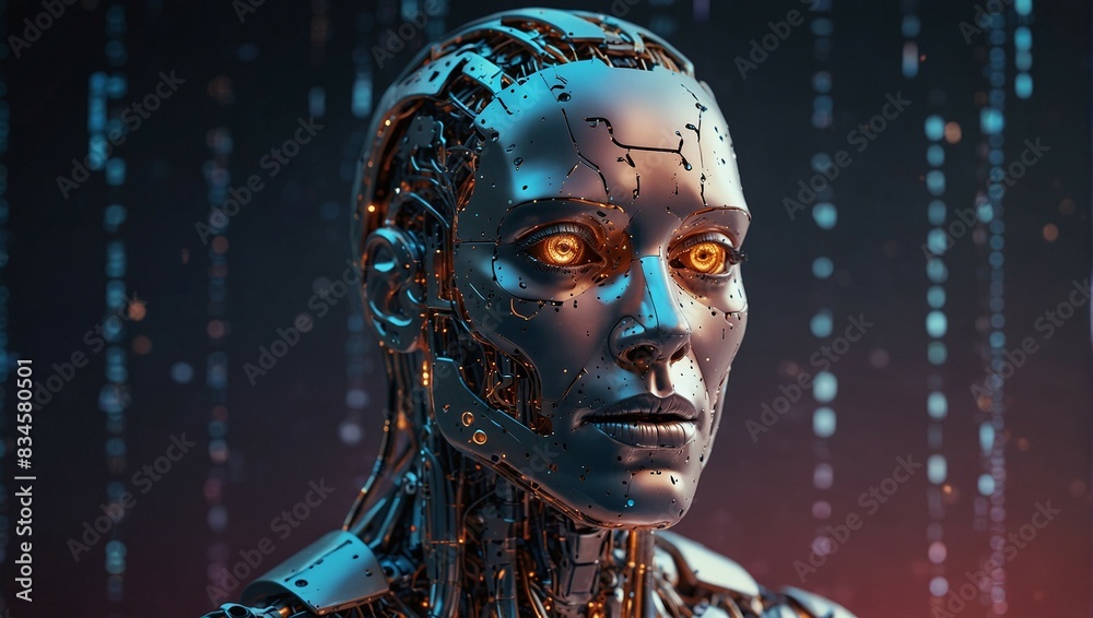 High-Tech Cybernetic Humanoid with Glowing Eyes and Futuristic Circuitry Background High-Tech Cybernetic Humanoid with Glowing Eyes and Futuristic Circuitry Background