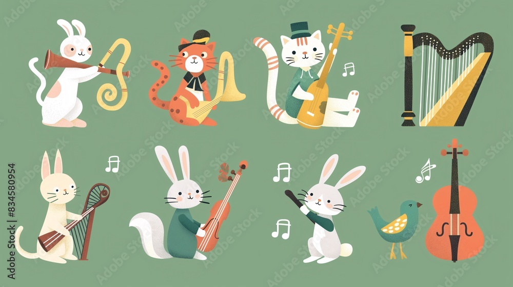 Whimsical Set of Flat Icons - Animals Playing Instruments Whimsical Set of Flat Icons - Animals Playing Instruments