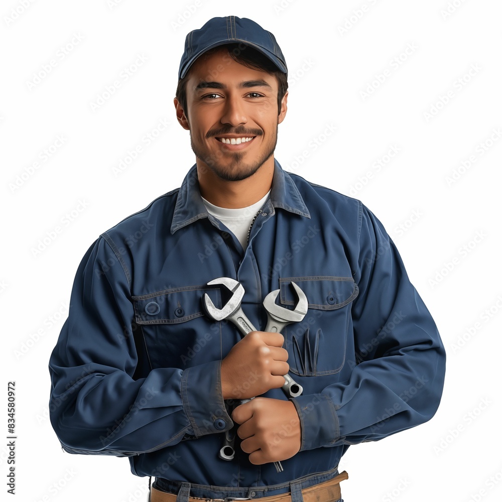 Smiling Male Mechanic Holding Wrenches Against White Background Smiling Male Mechanic Holding Wrenches Against White Background