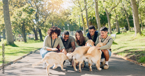 Photography Park, friends and people with dogs in nature for walking, playing and training outdoors together