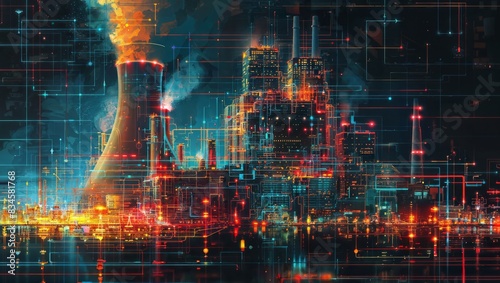 Futuristic cyberpunk power plant with glowing cooling tower on fire emitting smoke, digital concept art with geometric wireframe overlay on water reflection.