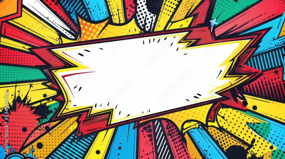 Fototapeta premium Colorful comic-style explosion with various patterns and shapes radiating from the center. Pop art concept.