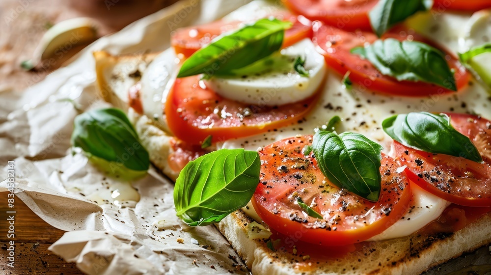 Photo of fresh Caprese bruschetta with mozzarella, tomato, basil, and a drizzle of olive oil on toasted bread, served on a wooden board.