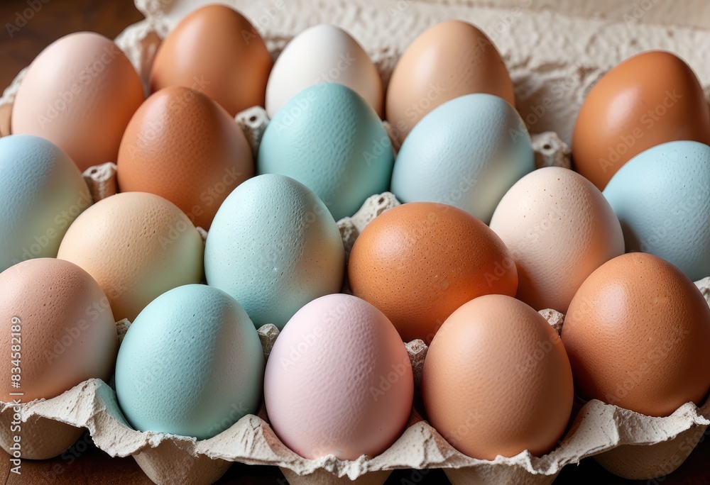 Illustrate an assortment of eggs with a matte finish in soft pastel colors, closely packed together and captured in gentle, diffused lighting to enhance their subtle beauty. Illustrate an assortment of eggs with a matte finish in soft pastel colors, closely packed together and captured in gentle, diffused lighting to enhance their subtle beauty.
