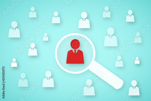 Human Resource Management Concept, Magnifier glass focus to red man icon for human leadership development, recruitment employment and customer target group