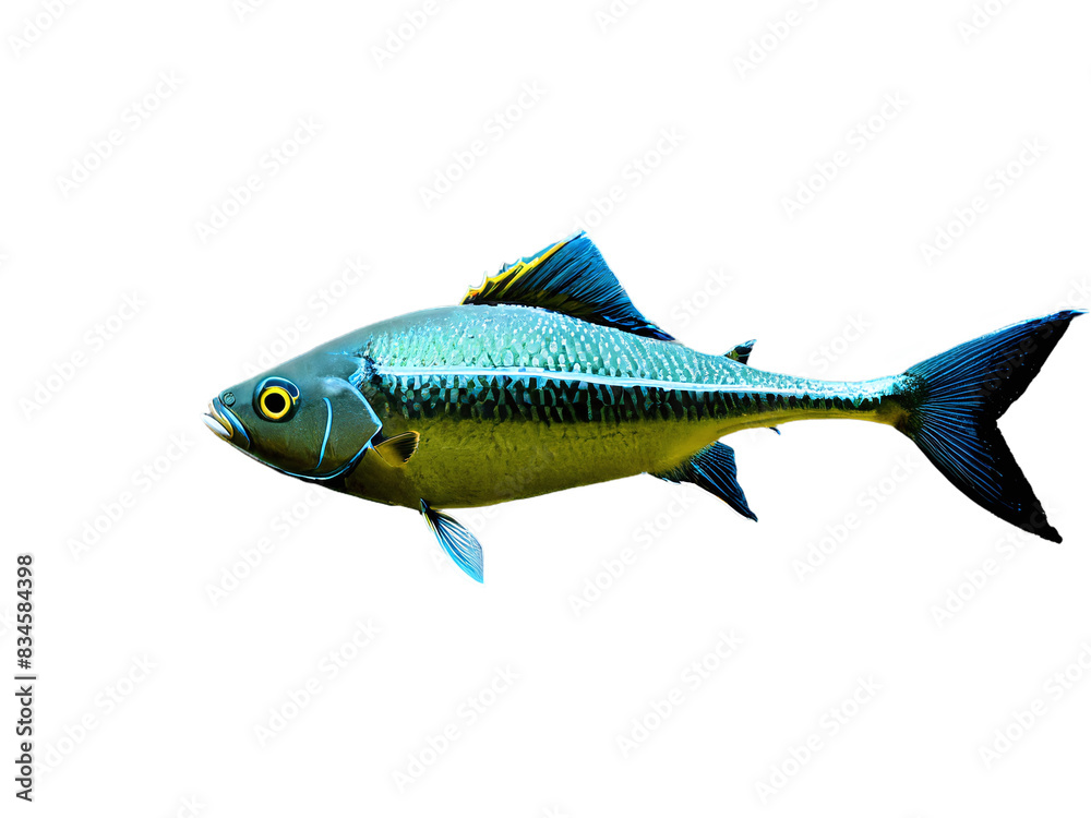 Fototapeta premium A likely freshwater catch, a silver fish with fins flared, hangs on a hook against a clean isolated on a transparent background