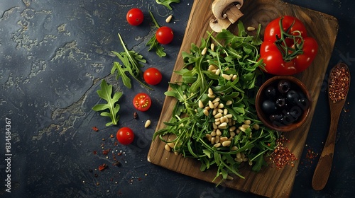Artistic Flat Lay of Arugula Salad with Cherry Tomatoes and Pine Nuts on Wooden Cutting Board