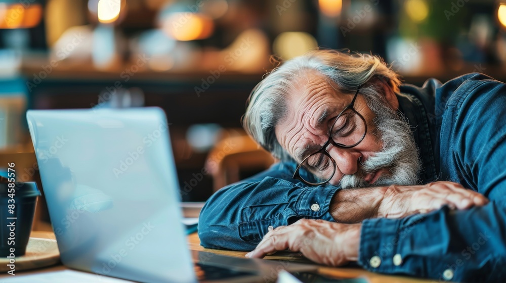 Obraz premium Aged businessman sleep on working office. retirement or working concepts