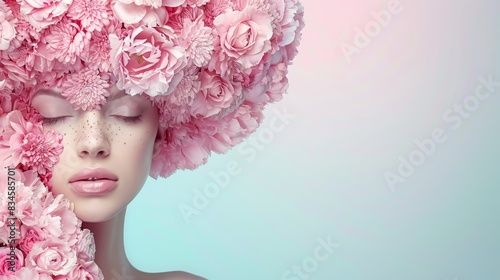  A woman with closed eyes and pink flowers on her head