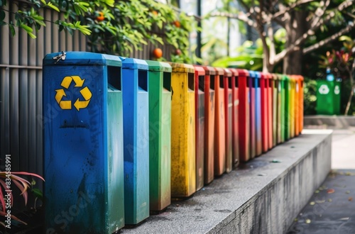 A row of colorful trash cans with recycling symbols on them lined up along the sidewalk, set against an urban park backdrop.