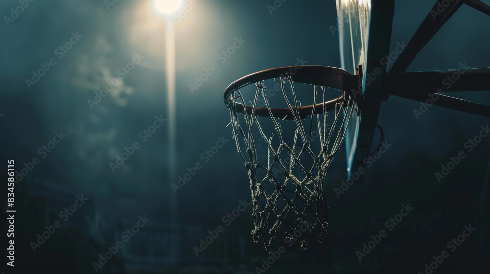 A basketball hoop illuminated by a streetlight, casting shadows and creating a moody atmosphere on a foggy night.
A basketball hoop illuminated by a streetlight, casting shadows and creating a moody atmosphere on a foggy night.