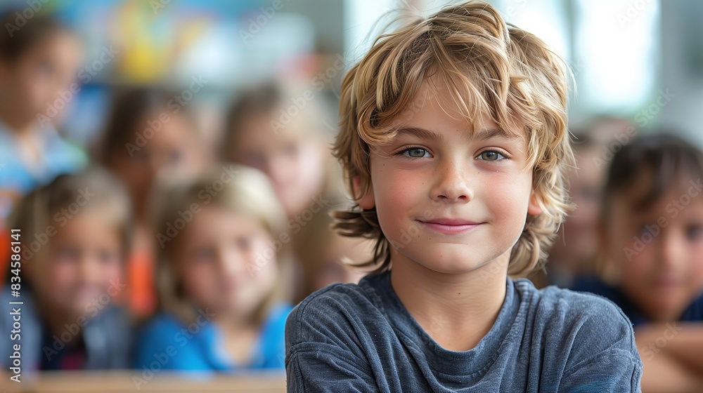 Portrait of a young boy pupil in a school classroom Portrait of a young boy pupil in a school classroom