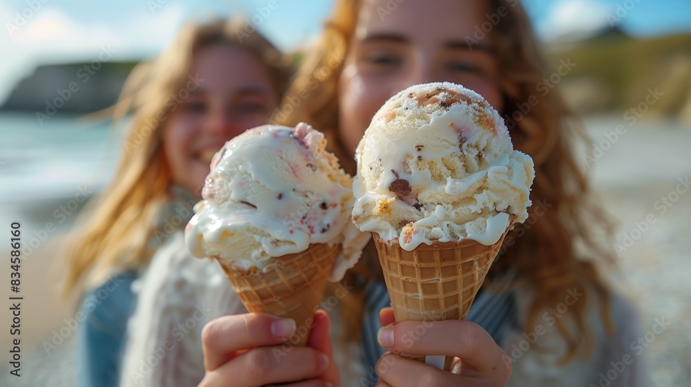 Ice cream being held by a woman on a beach Ice cream being held by a woman on a beach