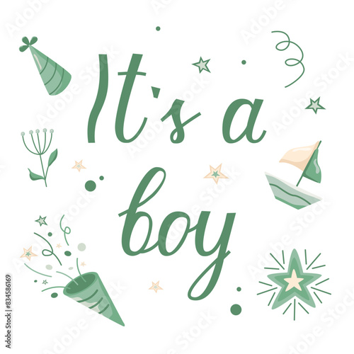 Vector invitation card template for baby gender reveal party. Hand drawn greeting card for the birth of a Boy. Color illustration with firecrackers, boats and stars on a white background.