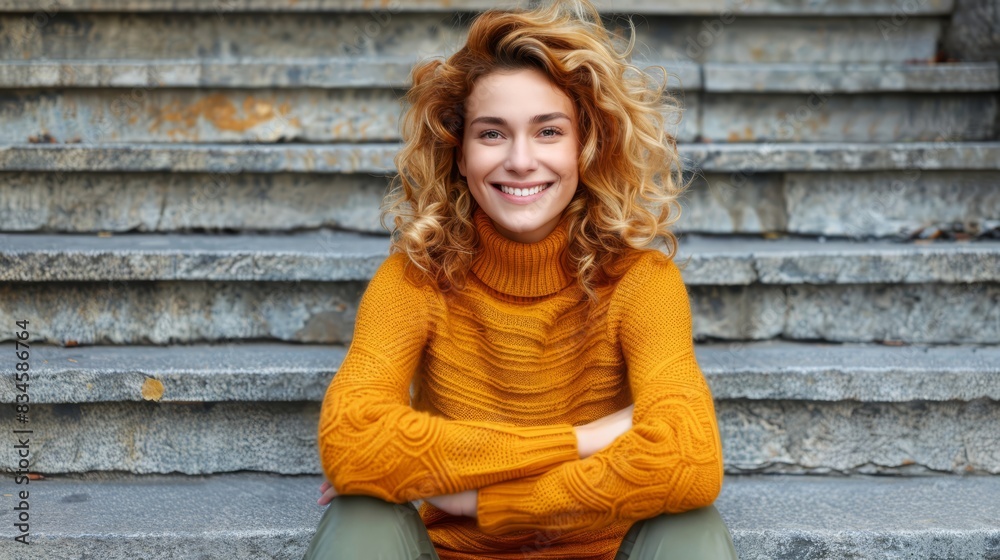 Fototapeta premium A woman, smiling, sits on staircase steps with folded arms and gazes at camera