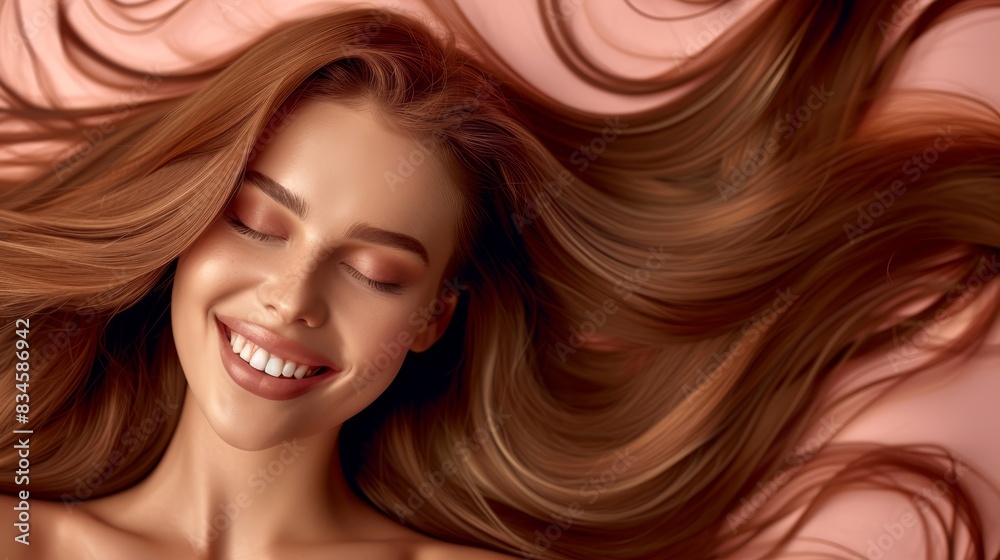 Fototapeta premium A painting of a woman with eyes closed as her hair billows in the wind