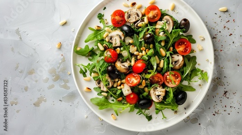 Circular Salad Composition with Arugula, Cherry Tomatoes, and Pine Nuts on White Plate