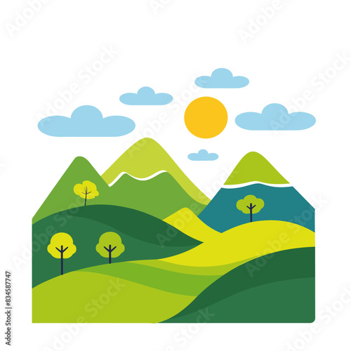 A flat vector logo depicting green hills in simple shapes on a sunny day with bright colors and green and yellow shades