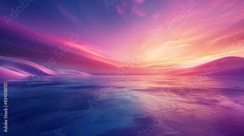 mountains distantly silhouetted, pink-blue sky, white mid-picture clouds