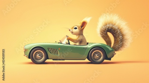 A cheerful squirrel character driving a vibrant green sports car, its fluffy tail swaying in the wind. The scene is set against a solid pale orange background, highlighting the joyful 3D illustration photo
