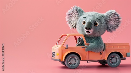 An endearing koala character driving a small delivery truck, its ears perked up with excitement. The truck s colorful design and intricate details are highlighted against a solid pastel pink photo