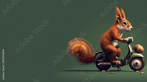 A playful squirrel character riding a tiny, whimsical motorbike with acorn-shaped wheels. The solid forest green background enhances the charm of the squirrels bushy tail and the bikes earthy tones. photo