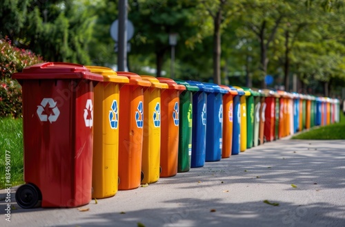 A row of colorful trash cans with recycling symbols on them lined up along the sidewalk, set against an urban park backdrop. © trustmastertx