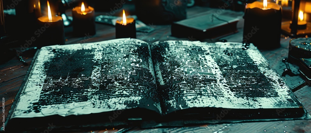 Mystical Grimoire: Dark Spells and Occult Symbols on Wooden Table with ...