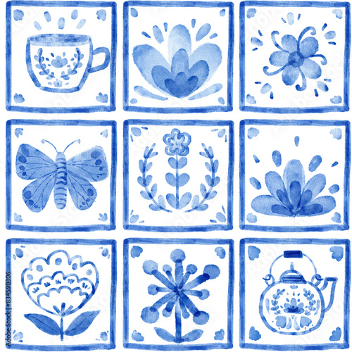 Blue ceramic tiles with flowers, plant.  Seamless pattern, digital paper. Butterfly, tea pot, cup illustration