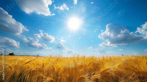 A relaxing walk in a golden wheat field, the countrysides natural beauty enhanced by the bright sunlight and blue sky photo
