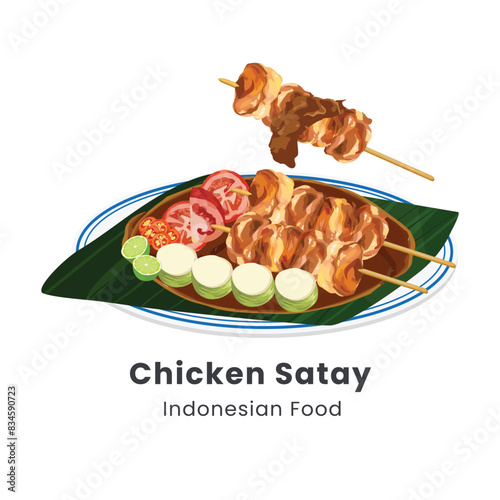 Hand drawn vector illustration of sate ayam or chicken satay Indonesian Food