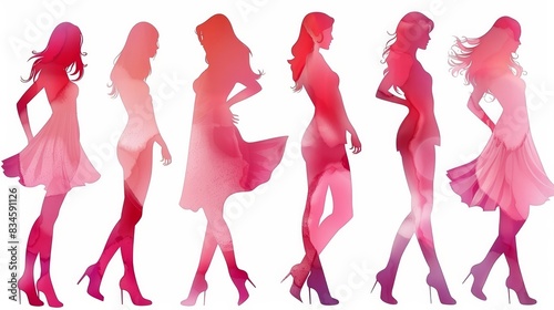  A collection of women s silhouettes in pink dresses and high heels  each with varying shapes and sizes
