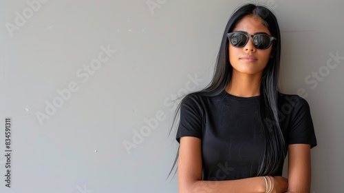  A woman in a black shirt and sunglasses leans against a wall, cross-armed and weary, her head resting on her chest; she dons black sunglasses photo