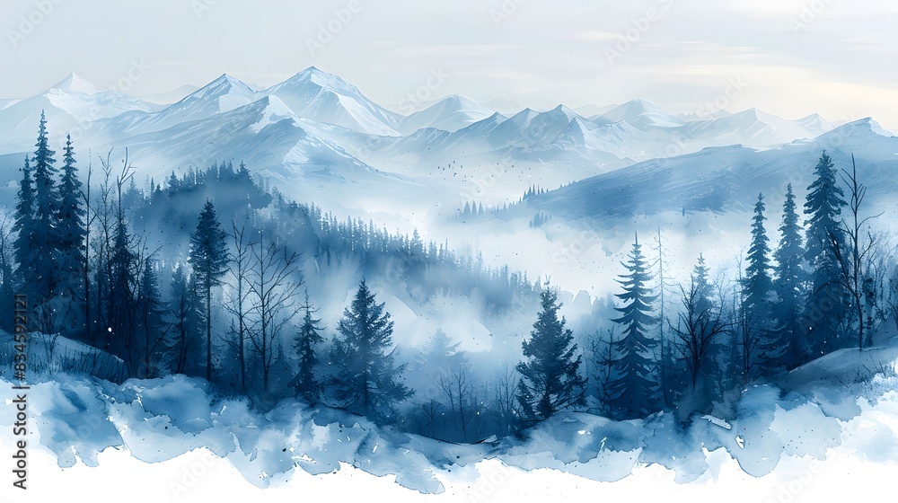 Obraz premium Winter landscape with mountains and pine trees in blue and gray colours. 