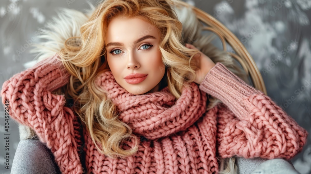 A woman in a pink sweater and pink knitted cowl sits in a chair, hands on head, hands at the nape A woman in a pink sweater and pink knitted cowl sits in a chair, hands on head, hands at the nape
